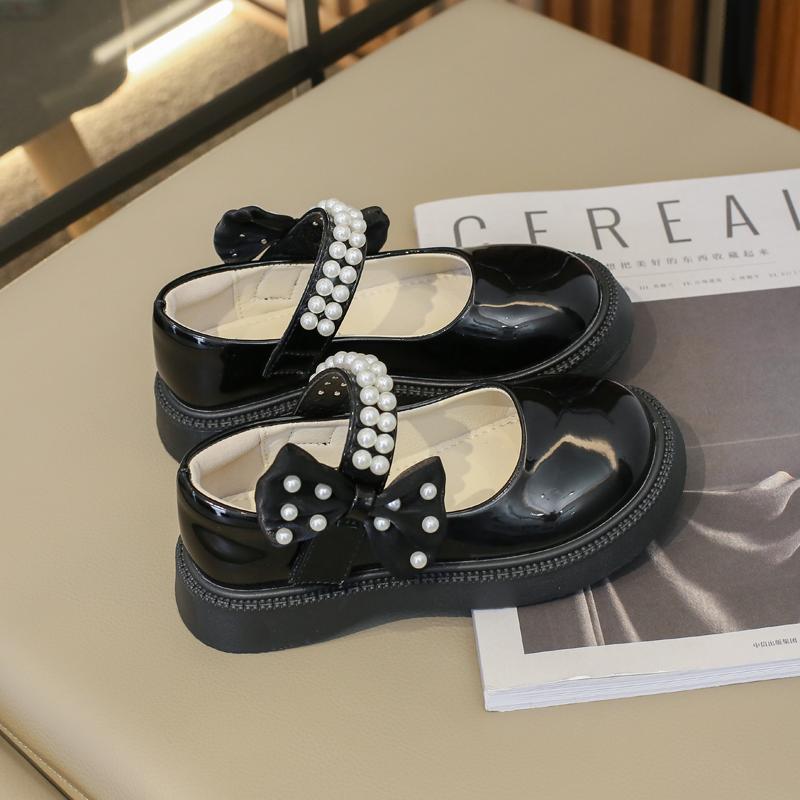 Flickor Läderskor för Fest Bröllop Glänsande Pärlor Barn Prinsesskor med Fluga Rund tå Barn Föreställningsskor Ballerinaskor