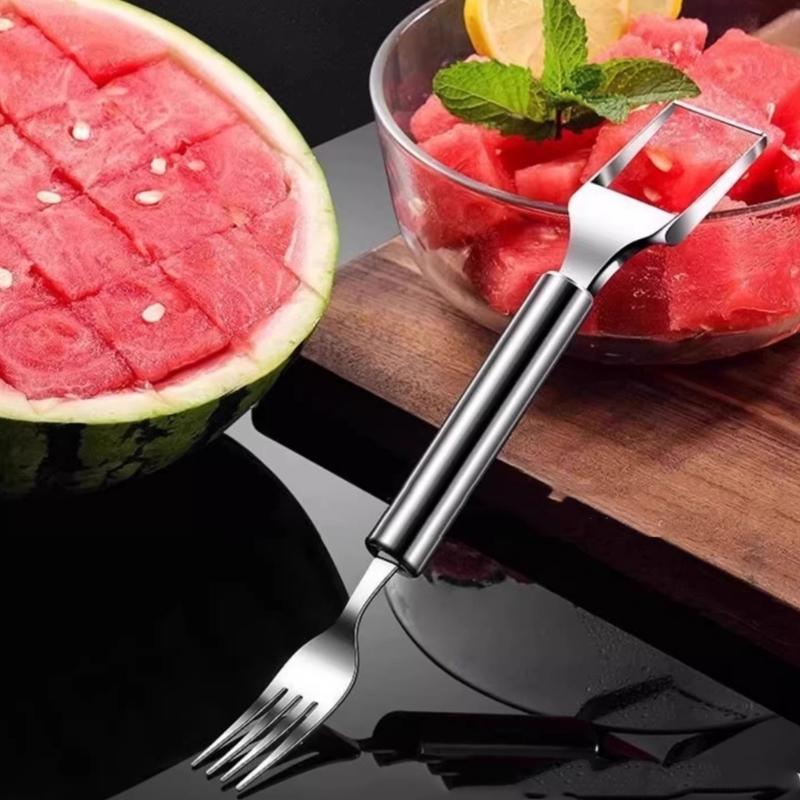 Pack of 2 Stainless Steel Duals Head Fruit Tool Efficient Watermelon Cutting Fork Ergonomic Quick Cleaning Device