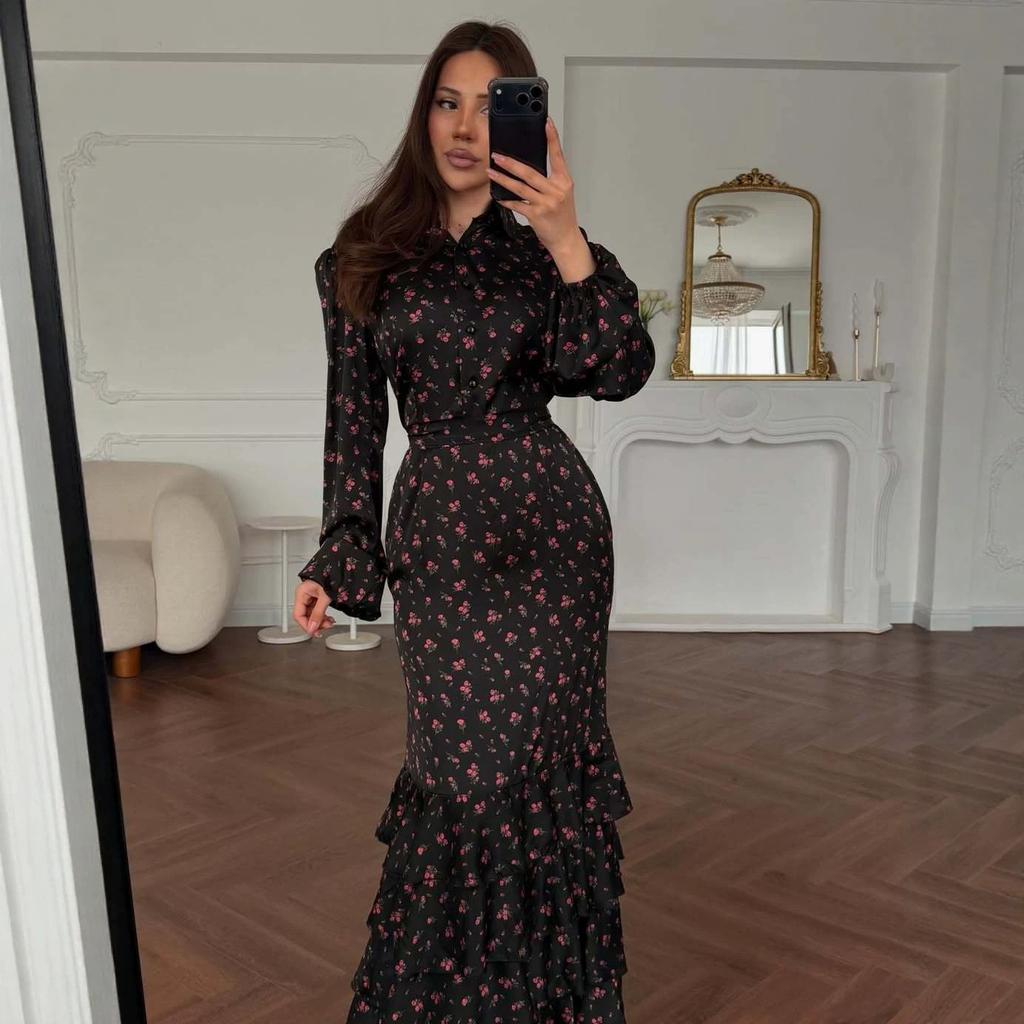 European and American women's cross-border foreign trade 2026 autumn new shirt collar waist long skirt long sleeve floral cake dress dress