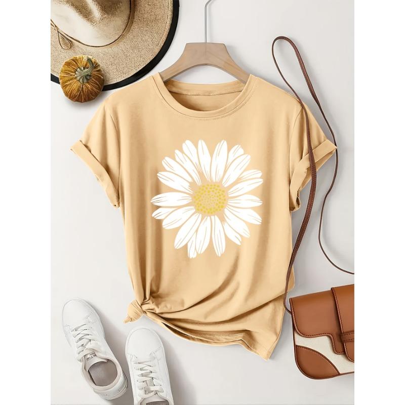 Daisy Flower Print Women's Summer Fitted Round Neck T-Shirt