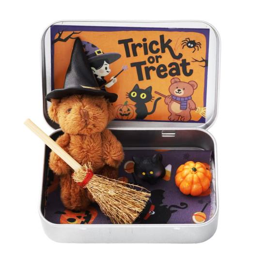 Halloween Bear In A Box Handmade Cute Witch Bear In A Tin for Trick or Treat Miniature Plush Bear with Broom Pumpkin Cat Halloween Party Gift