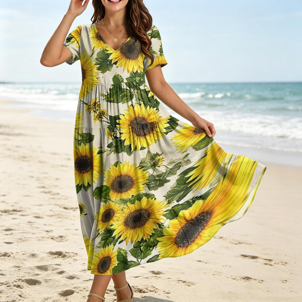 Women Casual Loose Bohemian Floral Dress Short Sleeve Long Maxi Summer Beach Swing Dress