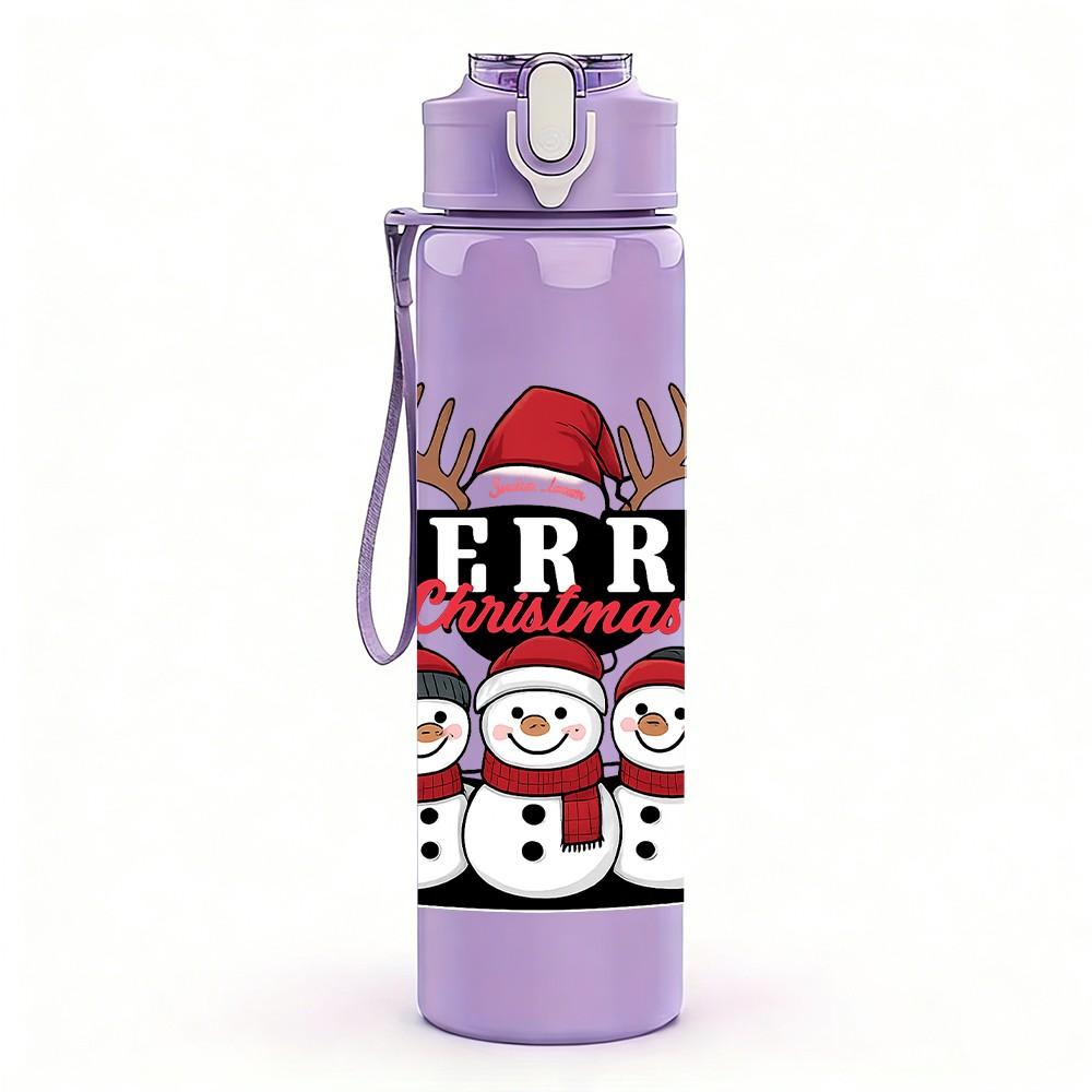1PC Merry Christmas Snowman Group 750ml Color Plastic Sports Water Bottle Leakproof Flip Straw Lid Suitable for Sports Office Home Use