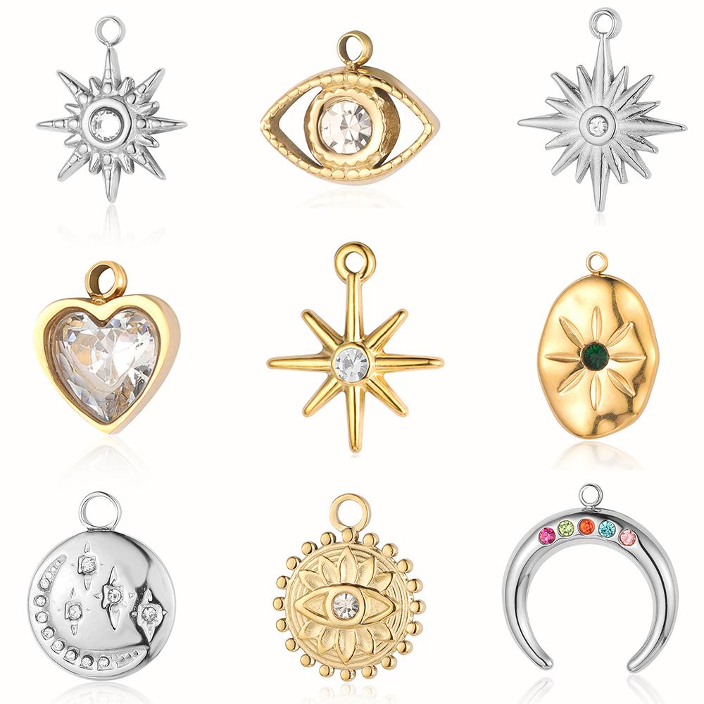 3pcs/Lot Peach Heart Crescent Mirror Polished 316 Stainless Steel DIY Charm Eye Sun Star Moon Rhinestone Jewelry Pendant