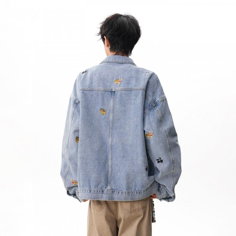Unisex Oversized Denim Jacket With Embroidered Cartoon Dog Streetwear 2026 Casual Outerwear
