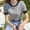 Women's Casual O Neck Striped Short Sleeve Slim Knitted T-Shirt