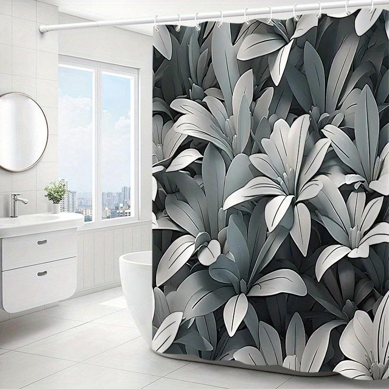 1pc black and gray tropical leaf pattern shower curtain, polyester fabric, machine washable, suitable for bathroom decoration
