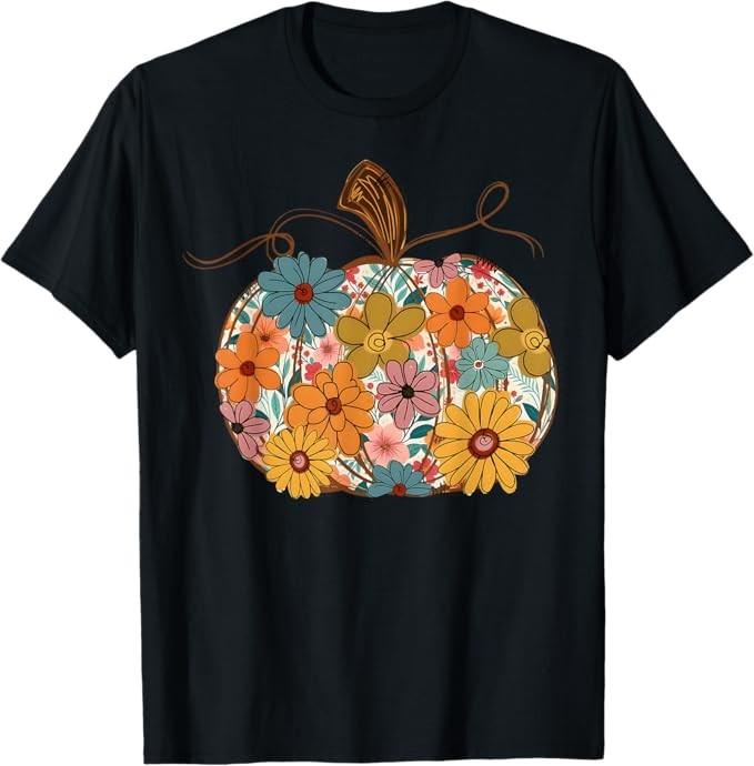 Pumpkin Floral Autumn Fall Season Wildflower Thanksgiving T-Shirt