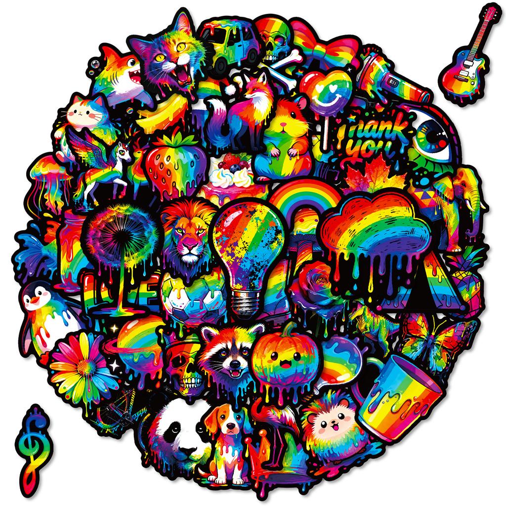 56 Rainbow Ink Splashing Style Creative Sticker Set Tide Cool Animal Elements Hand Account Decoration Diy Personalized Material Stickers