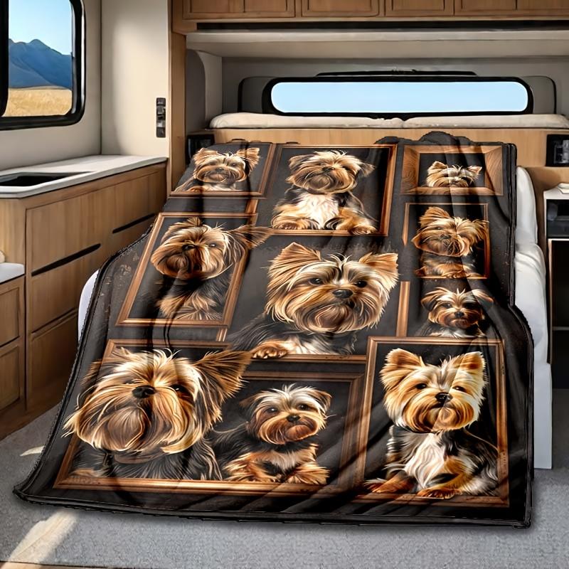 Yorkshire Terrier Pattern Printed Polyester Knit Fabric Portable Blanket for RV Camper Office Nap