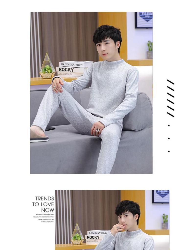 Men's Autumn/Winter Warm Fleece Pajama Set - Half-High Collar, Solid Color, Middle-Aged & Elderly