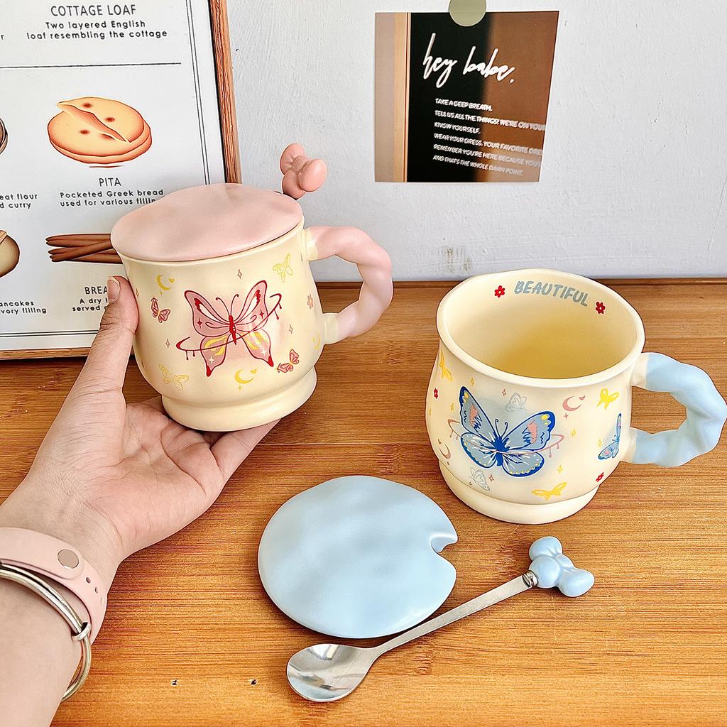 Butterfly Mug Girl Heart Ceramic Cup with Lid with Spoon High Value Water Cup Office Coffee Breakfast Cup