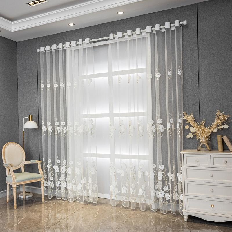 Elegant Floral Sheer Curtain - Pastoral Embroidery, Semi-Transparent with Delicate Flower Clusters, Rod Pocket Design for Bedroom & Living Room Decor