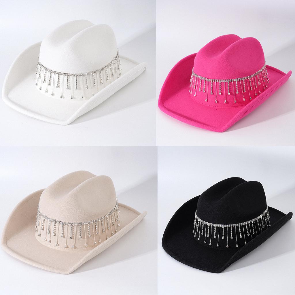 Ladies Bridal Cowboy Hat Rhinestone Fringed Hat Accessories Hat Versatile Big Brim Jazz Top Hat Bridesmaids Wide Brim