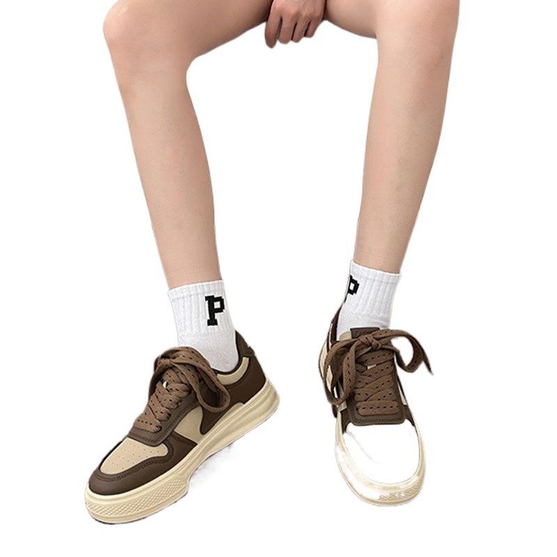 Casual Sports Shoes Board Shoes Women's Sneakers New Muffin Thick Bottom Khaki Black White Color Matching Fashion Women's Shoes