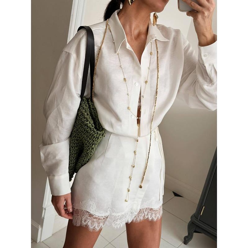 Women's White Long Sleeve Shirt Dress Button Front Casual Mini Dress