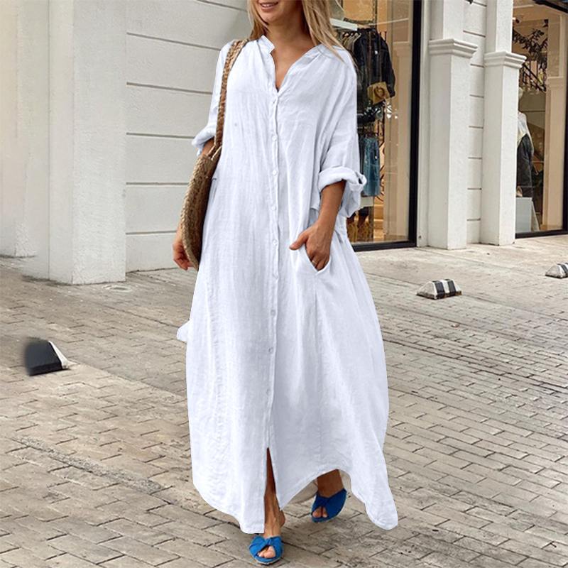 GMXIA Casual Pocket Shirt Neck Long Dress Casual Cotton Linen Plus Size Dresses