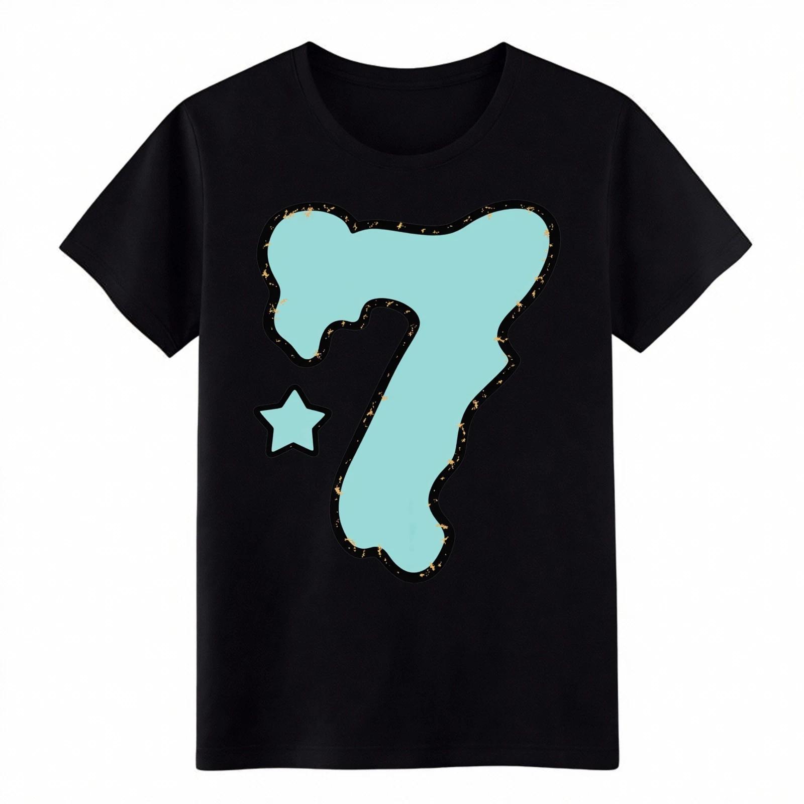 

Lucky Number 7 Teal T-Shirt, Retro Star Graphic Cotton Tee for Casual Wear 3XL