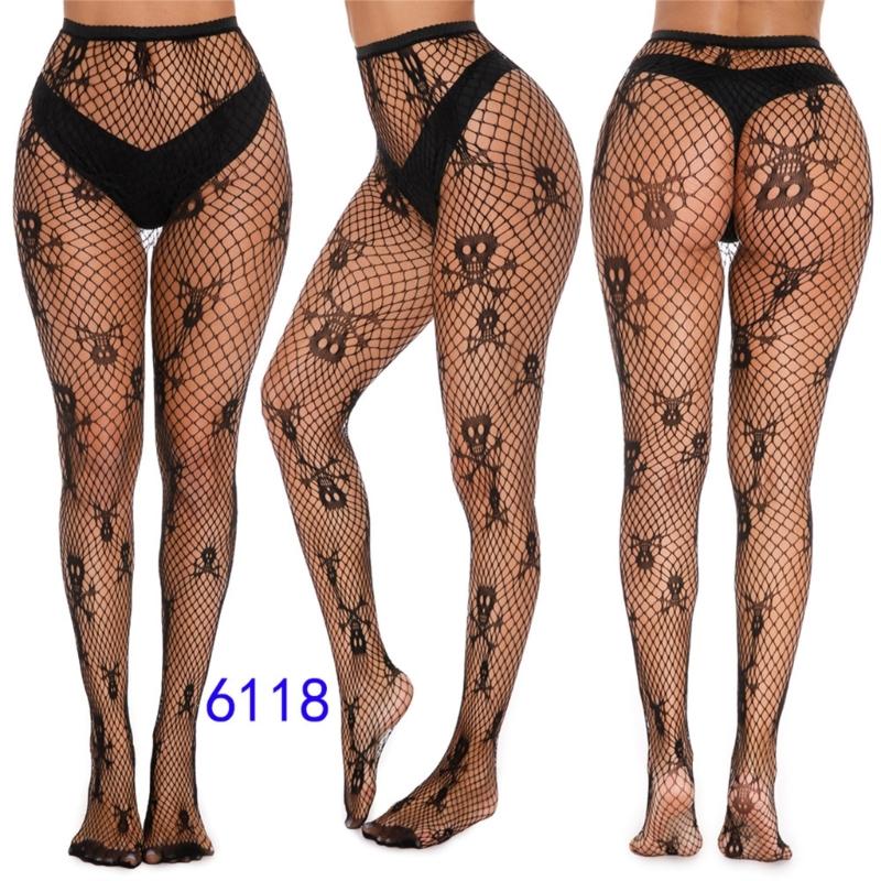 Women Halloween Parties Fishnet Pantyhose Stockings Gothic Vintage Snake Skull Spiderweb Patterned Mesh Tights Clubwear