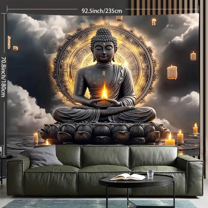 Arazzo Zen Rilassante 2D Buddha con Candele e Nuvole Decorazione Sfondo Casa