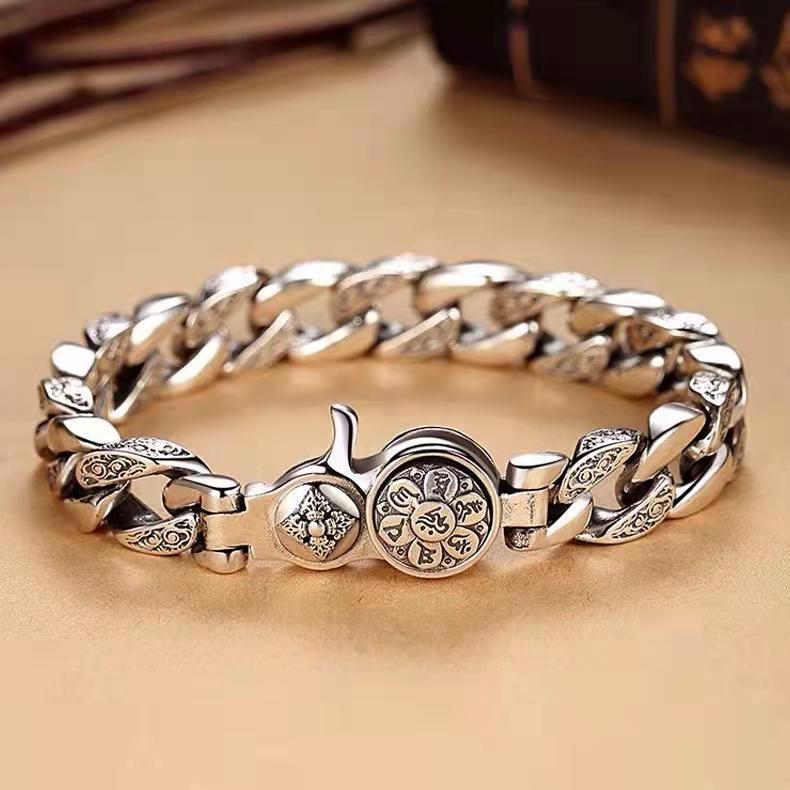 Men's Silver-Plated Rotatable Bracelet: Six-Character Mantra, Trendy Wide Design, Retro Domineering Style