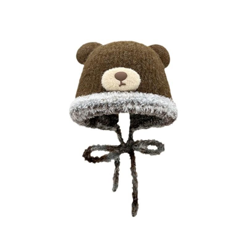 Cute Bear Plush Hat for Women in Winter Warm and Plush Woolen Hat To Protect Against Cold and Ear Protection One Hat Dual Purpose Bag Knitted Hat