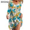 Autumn Women Tie Dye Print Dress Vintage Long Sleeve Pullover Oversized Ladies Mini Dress Casual Round Neck Loose Clothing