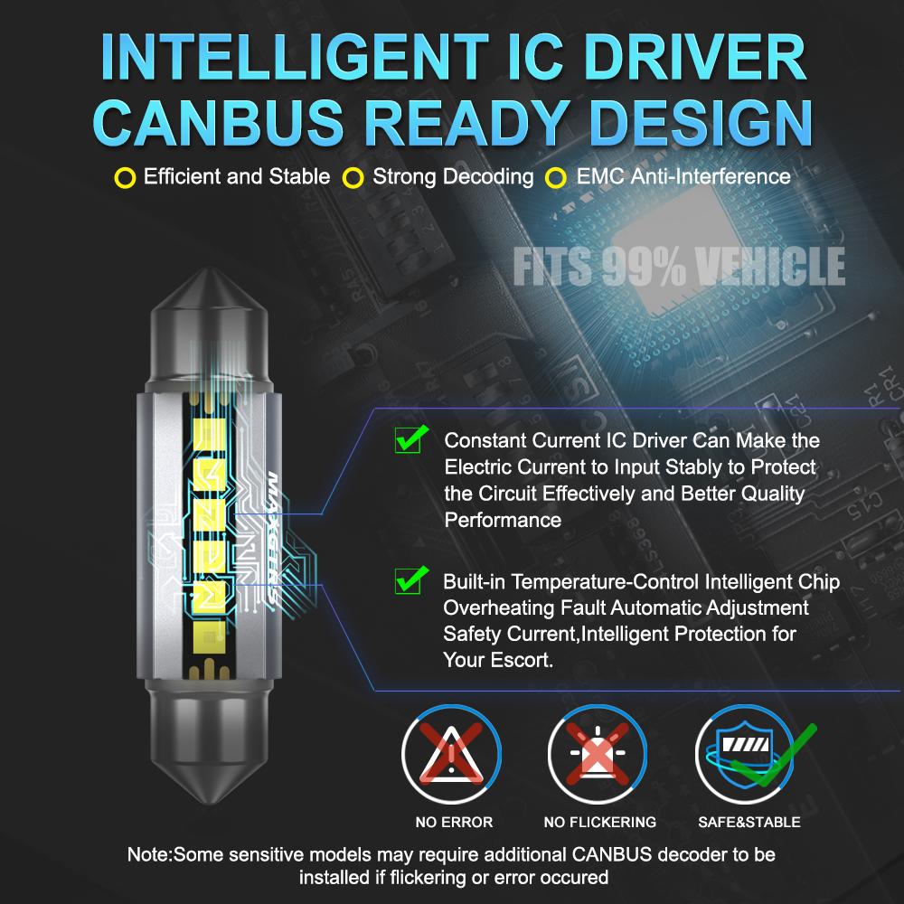 MAXGTRS 2Pcs LED C5W C10W 39mm 41mm 42mm Festoon Canbus Error Free 6500K White Car Interior Light Reading Dome Trunk Lamp 12V