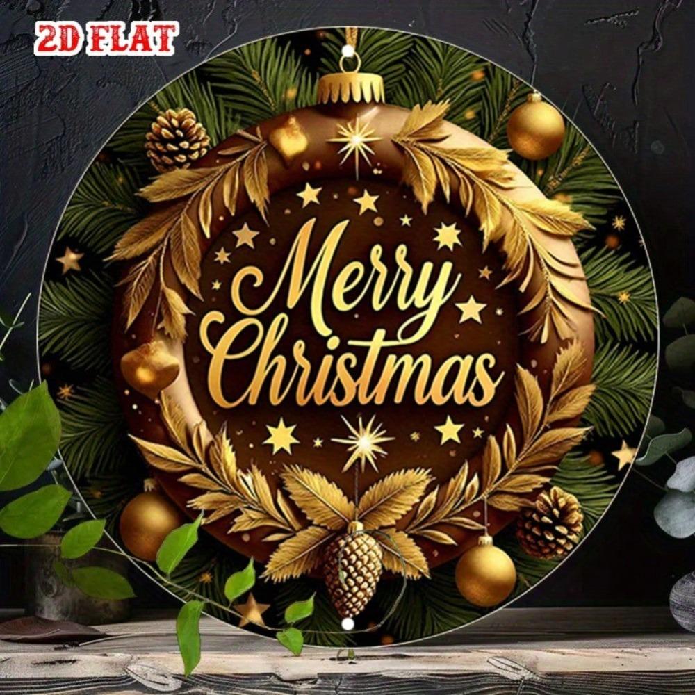 Golden Christmas Wreath Metal Wall Decor Rustic Holiday Sign with Pine Branches Stars Durable Indoor Outdoor Hanging