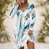 Women Criss Cross V Neck Long Sleeve Abstract Floral Printed Curved Hem Dress