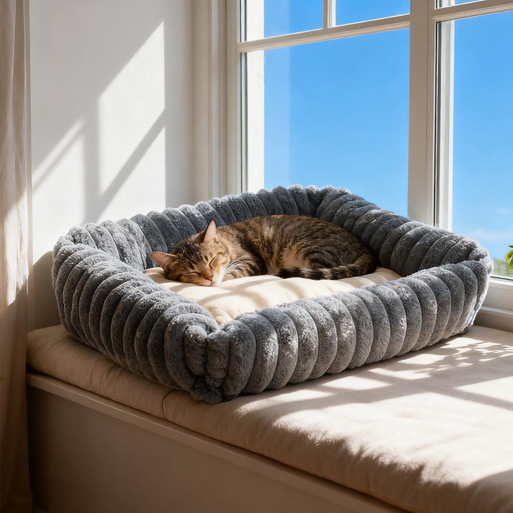 Grey Rectangle Donut Pet Bed 63x53x18cm for Medium Dogs & Cats, Waterproof Protection with Anti-Slip Bottom & Fixed Cushion