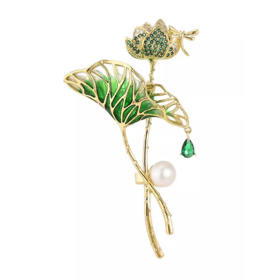 Lotus Pond Moonlight Enamel Brooch - Elegant Lotus Design Pin for Women