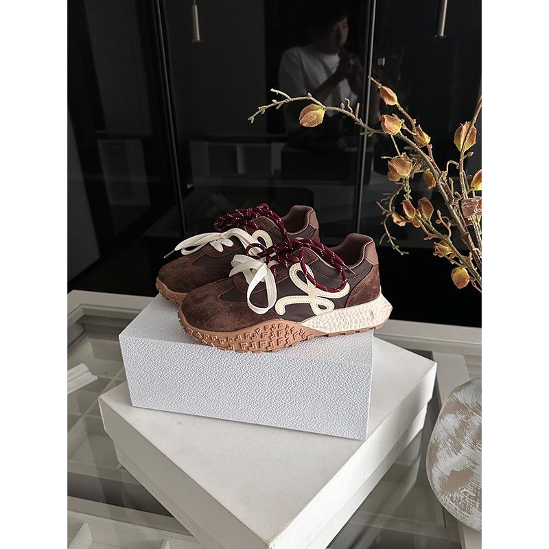 Pigskin version~ Korean niche dopamine mandarin duck belt inner height-increasing casual shoes women's 2025 breathable thick-soled German training sh
