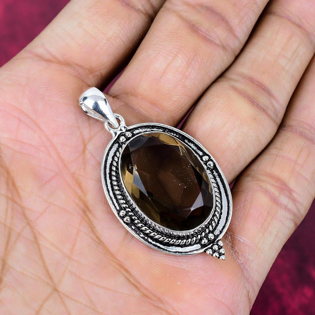 Rökkvarts hänge, 925 massivt sterlingsilver ädelstenssmycke, handgjort hänge, för Thanksgiving