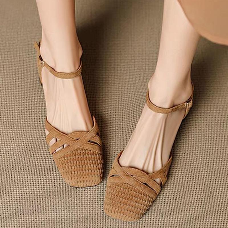 Fashion Retro Weave High Heel Sandals Women 2025 Summer Square Toe Ankle Strap Beach Shoes Roman Closed Toe Square Heels Casual Shoes