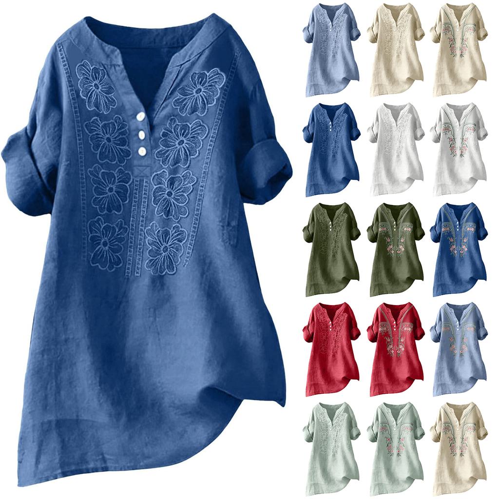 Haut T-shirt Décontracté Tendance pour Femme Coupe Ample Col en V Boutonné Brodé