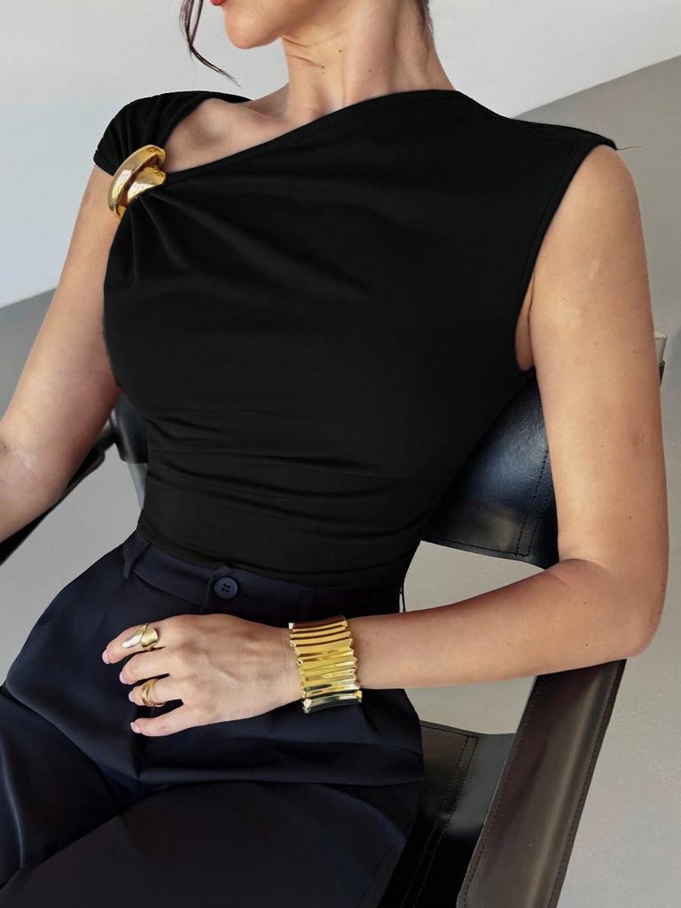 Temperament eenvoudig mouwloos metalen ringontwerp effen kleur dun vest top dames