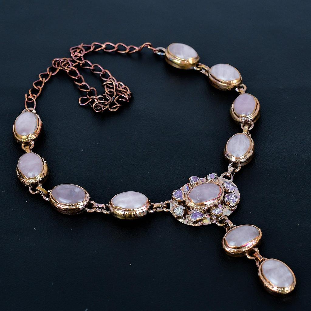 Rose Quartz Necklace, Copper Electroformed Jewelry, Gemstone Necklace, Gift For Her Handmade Dainty Jewelry