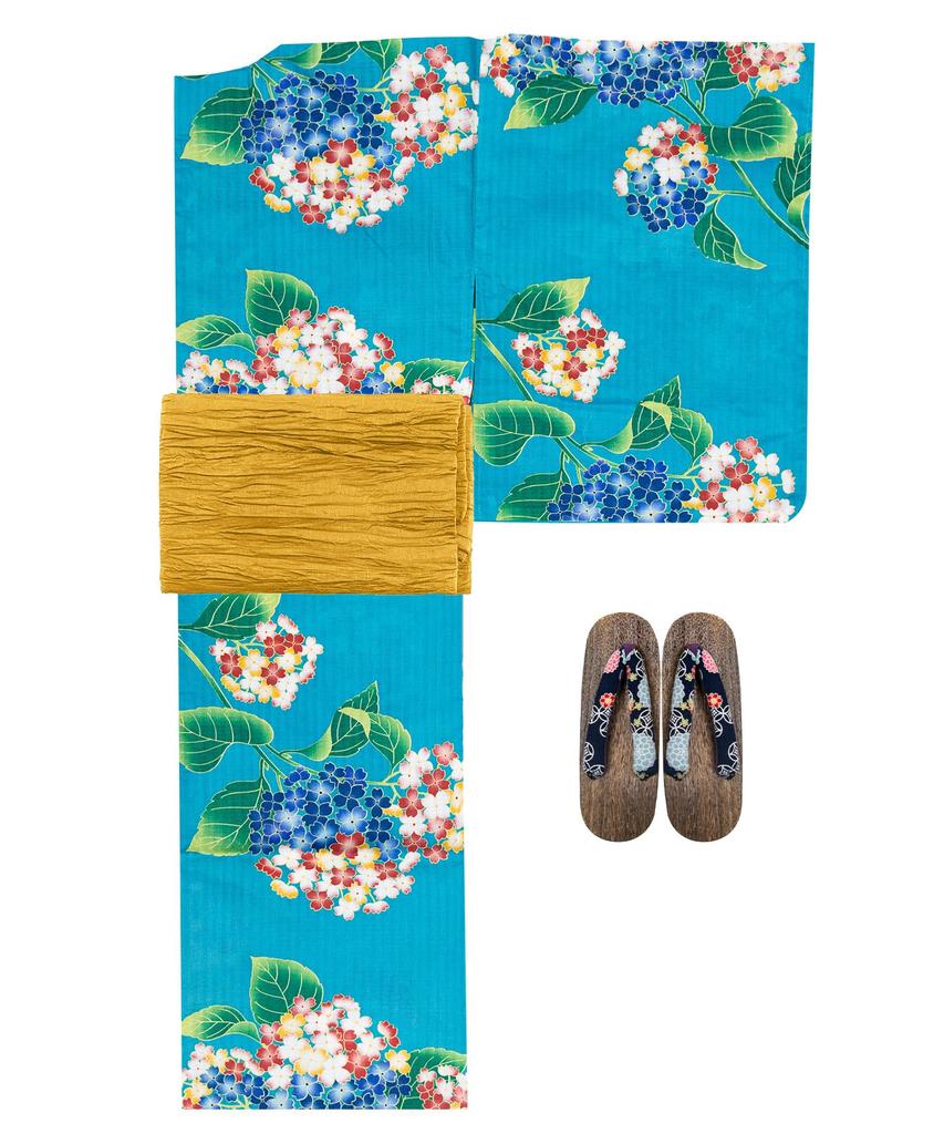 Ensemble Yukata Junior Retro Change Weave 3 pièces Heiko C Filles en été [KYOETSU] (Yukata, Obi, Geta) (150 cm, 2. Hortensia Ciel)