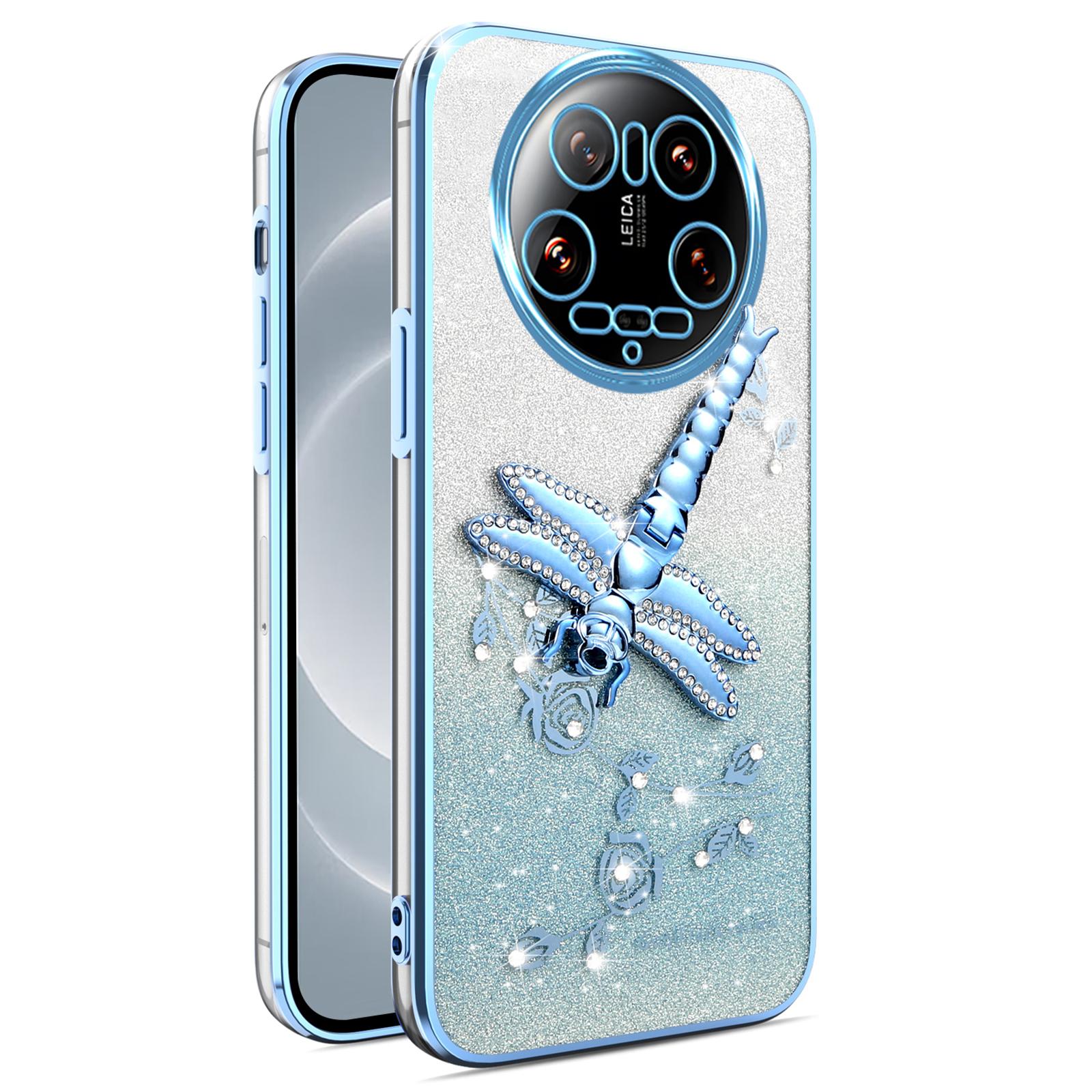 

For Xiaomi 14 Ultra Case Dragonfly Kickstand TPU Flowers Glitter Phone Cover Blue