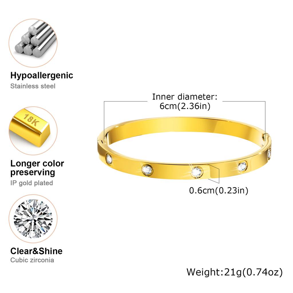 Luxury Cubic Zircon Stainless Steel Bracelet for Women, Gold Plated Waterproof Openable Bangle, High Quality Charm Jewelry Gift