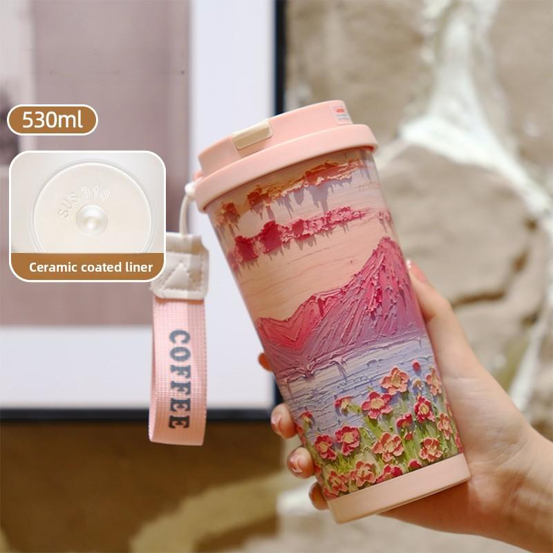 Flowers Garden Travel Coffee Tumblers Ceramic Inner Liner Tumbler Stainless Steel Cup with Lid & Straw Coffee Mug Holiday Gifts