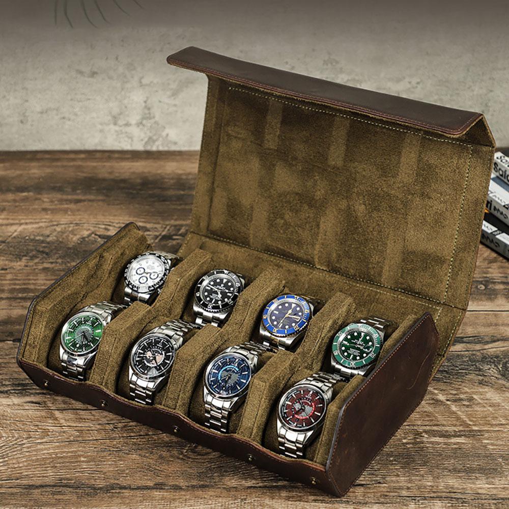 Vintage Genuine Leather Watch Roll Box Case Organizer Display Storage Box Genuine Leather Circular Hexagon Watch Display Case