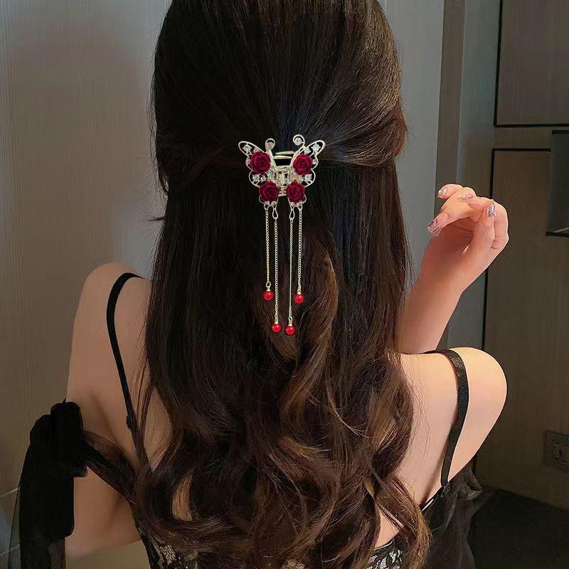 Clips de păr retro roșu catifea trandafir fluture gheară stras lux ciucure accesorii de păr agrafe crab pentru femei accesorii de păr podoabă de cap franțuzească