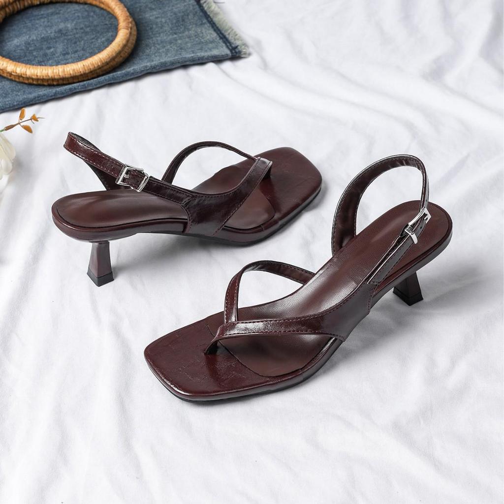 Women's Wine Red Square-Toe Thong High Heels with Ankle Strap and Thin Heel for Summer