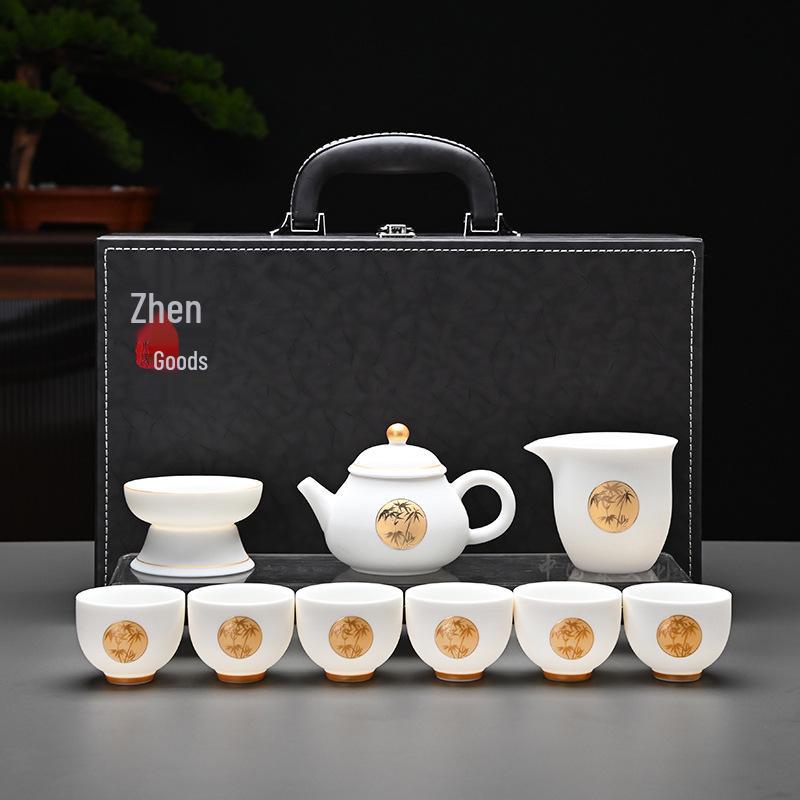Kung Fu Mutton Fat Jade Gaiwan Teapot Set - Gold-Painted Luxury Tea Set