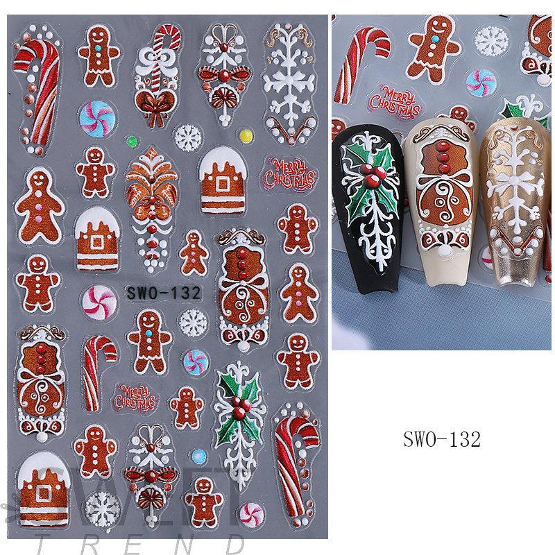 1Pcs 5D Gingerbread Man Snowflake Nail Stickers Christmas Pine Tree Cake Self-Adhesive Nail Decal Winter Diy Manicure Supplies
