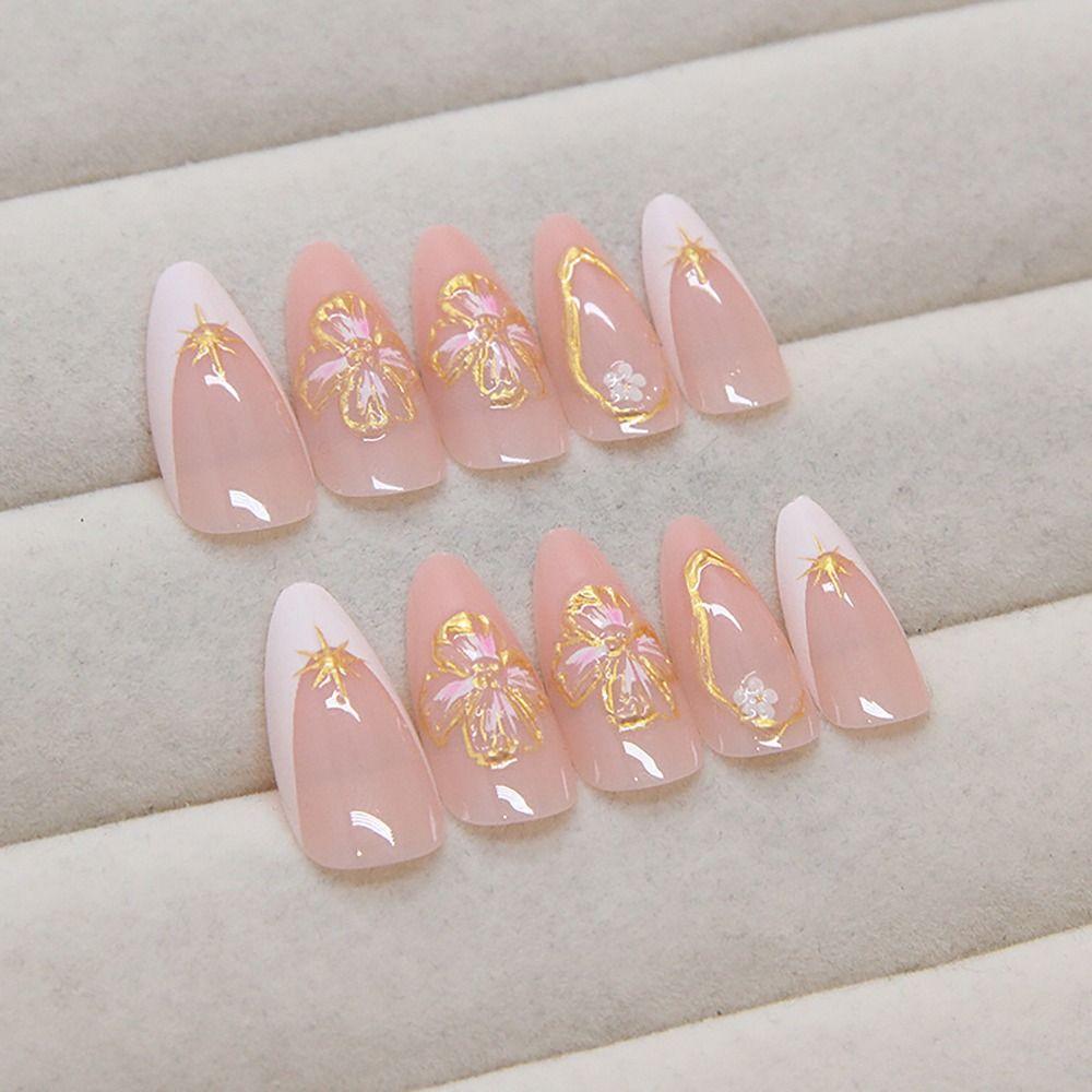24/30PCS Simple Gold Colors Flower French False Nail Irregular Sun Moon Full Cover Fake Nails DIY Manicure Detachable Nail Tips