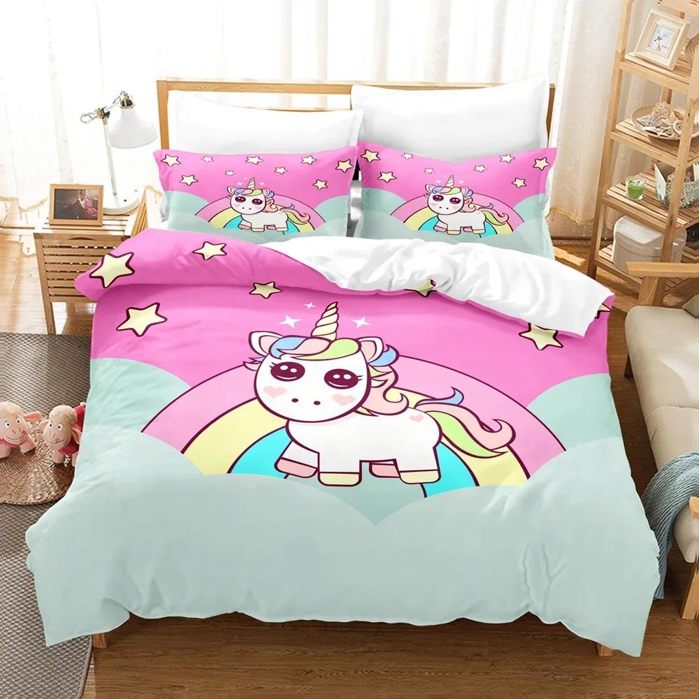 Cartoon Unicorn Duvet Cover Set KingQueen Size Cute Pink Blue Fairy Tale Animals Polyester Bedding Set for Girls Kids