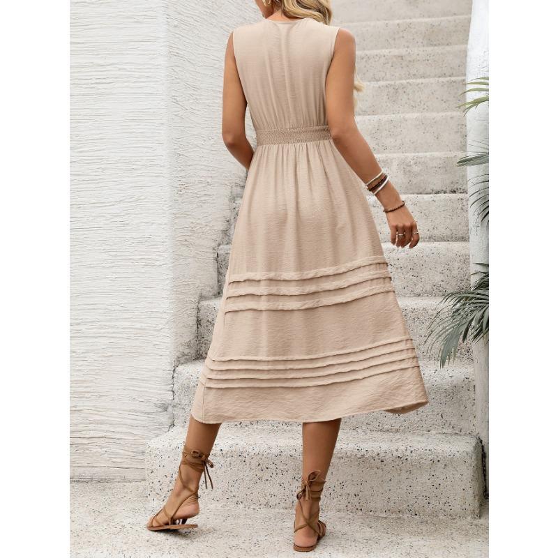 Solid Color V Neck Sleeveless Elastic Waist A Line Midi Casual Women Dress